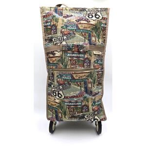 Jade Tapestry Route 66 Shopping Travel Tote Bag With Wheels Foldable Collapsible